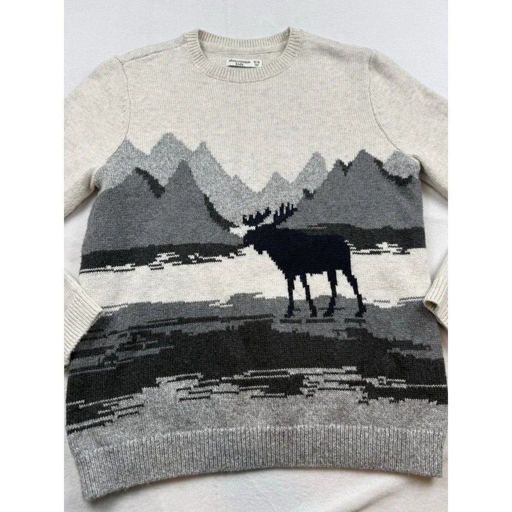Abercrombie Kids Moose Mountain Landscape Graphic Knit Sweater Size 15/16